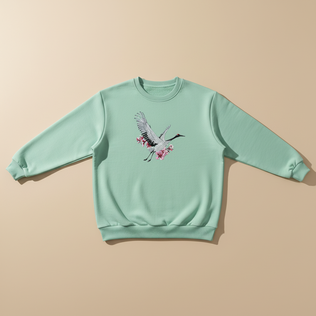 Sakura Crane Machine Embroidered Sweatshirt – Hand Finished in Dubai | EmbroMania
