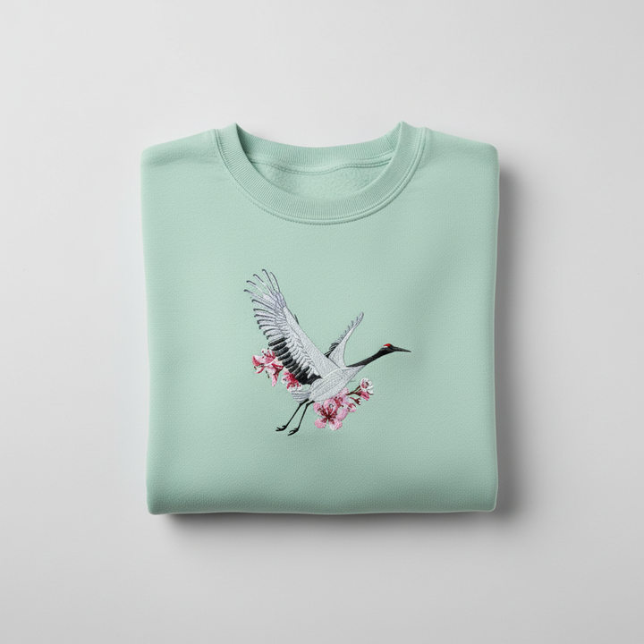 Sakura Crane Machine Embroidered Sweatshirt – Hand Finished in Dubai | EmbroMania