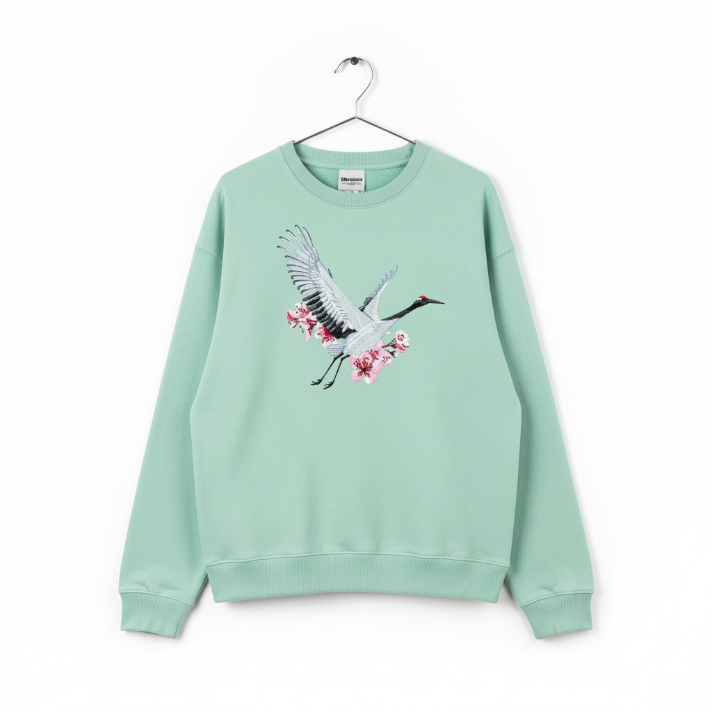 Sakura Crane Machine Embroidered Sweatshirt – Hand Finished in Dubai | EmbroMania