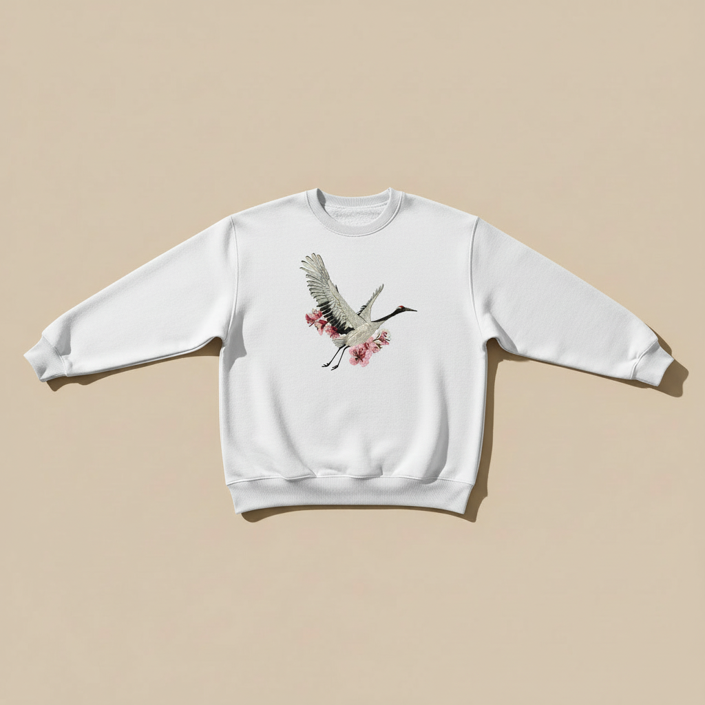 Sakura Crane Machine Embroidered Sweatshirt – Hand Finished in Dubai | EmbroMania