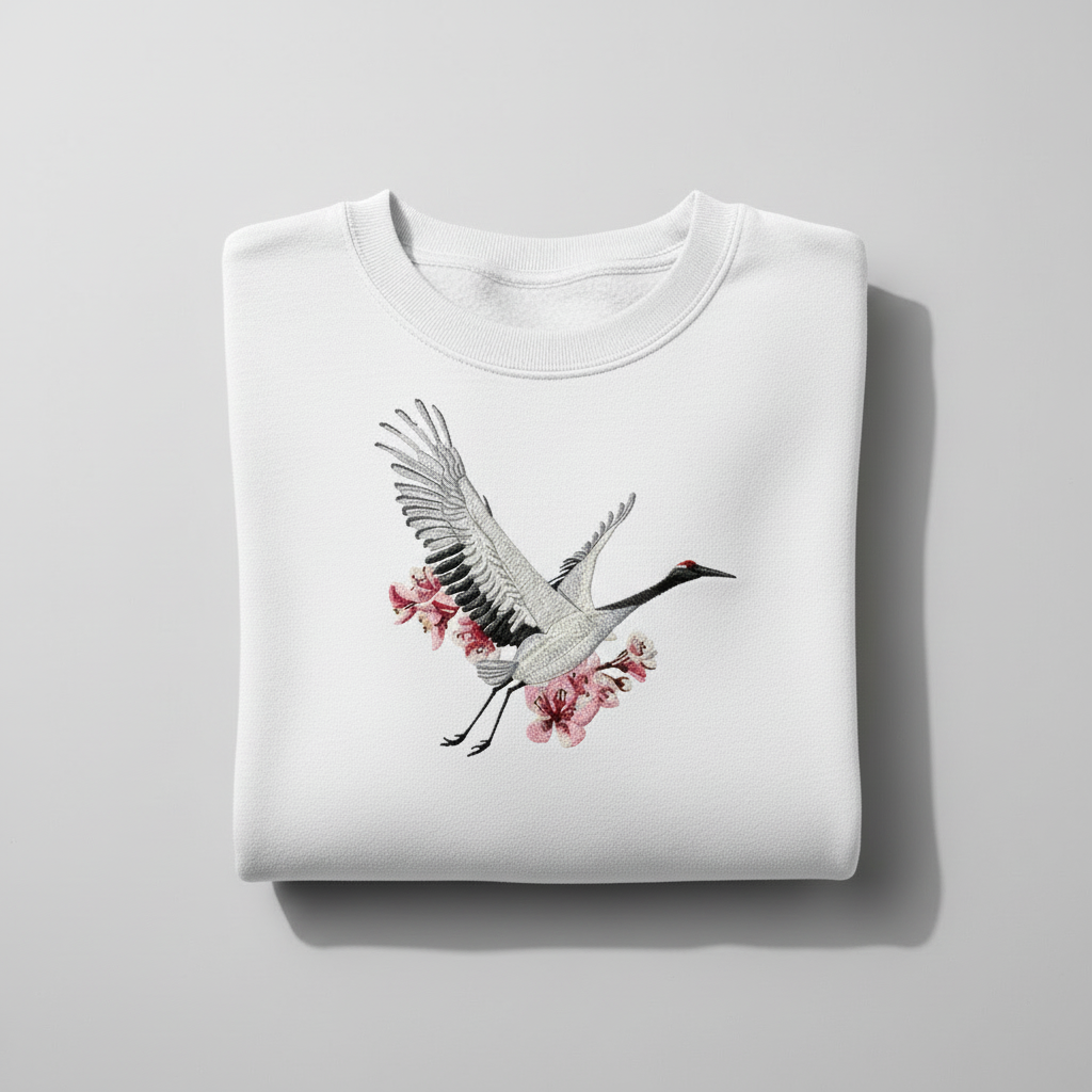 Sakura Crane Machine Embroidered Sweatshirt – Hand Finished in Dubai | EmbroMania