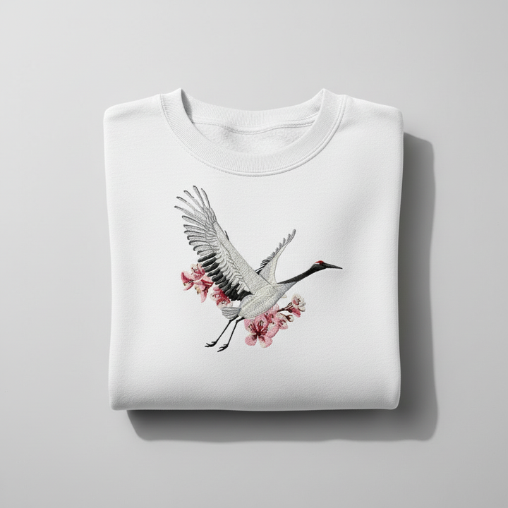 Sakura Crane Machine Embroidered Sweatshirt – Hand Finished in Dubai | EmbroMania