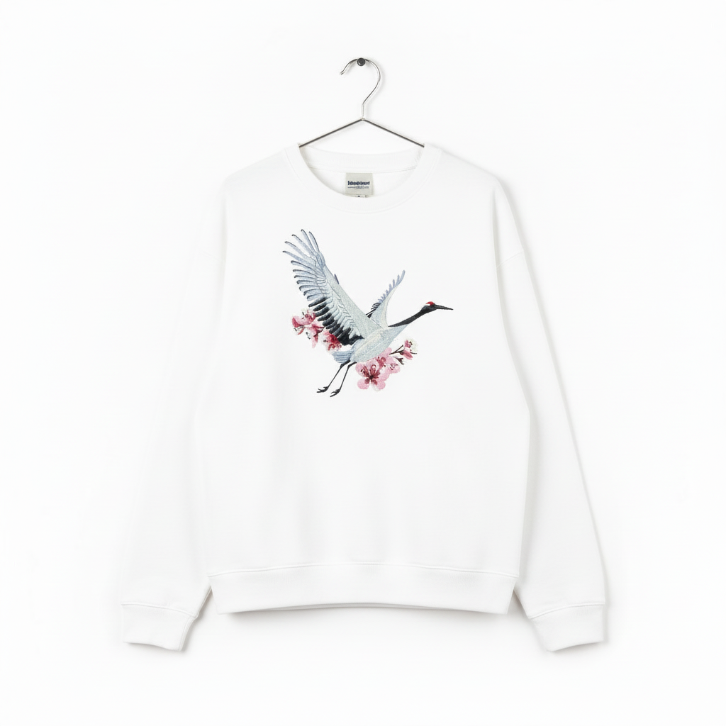 Sakura Crane Machine Embroidered Sweatshirt – Hand Finished in Dubai | EmbroMania