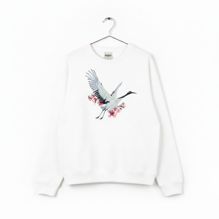 Sakura Crane Machine Embroidered Sweatshirt – Hand Finished in Dubai | EmbroMania