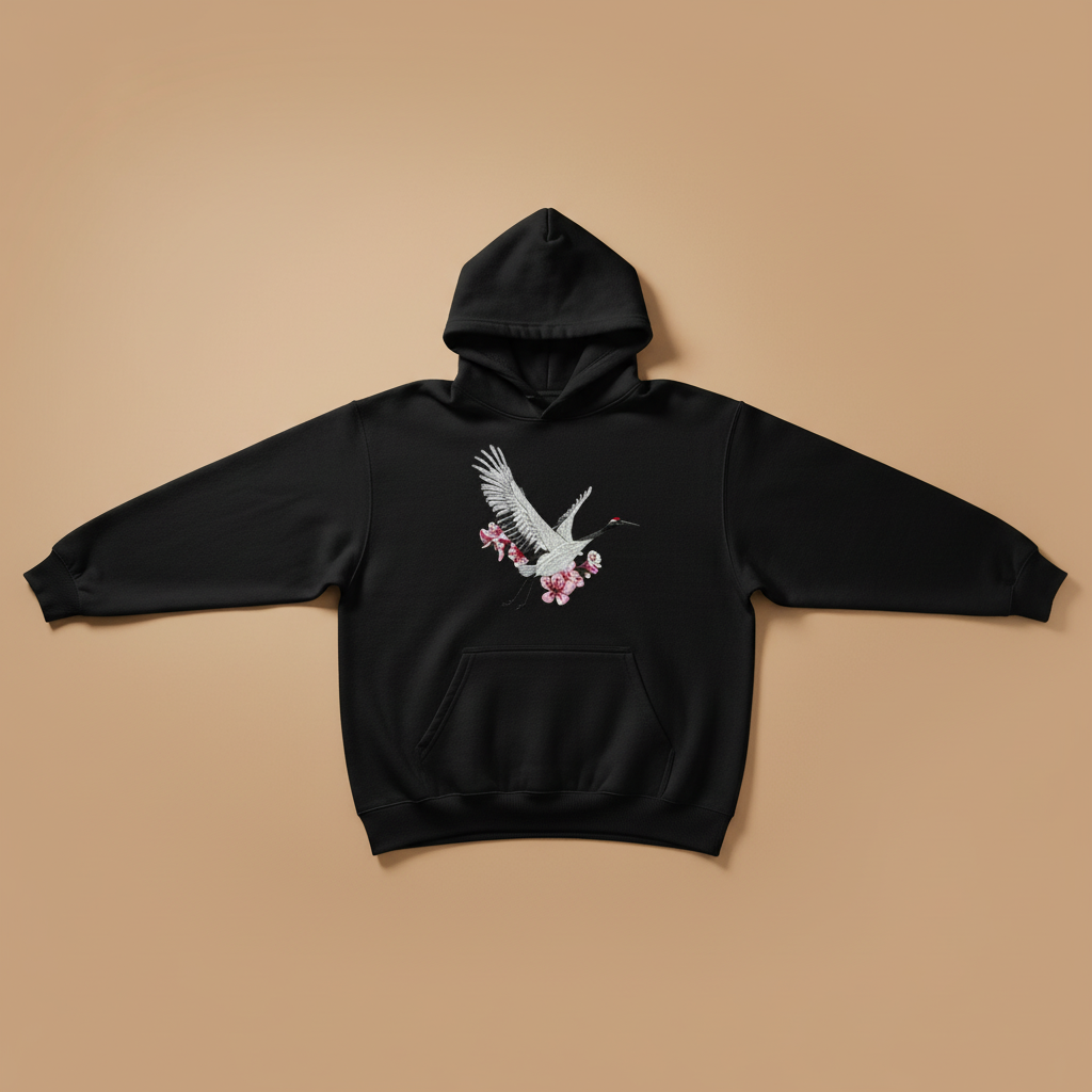 Sakura Crane Machine Embroidered Hoodie – Hand Finished in Dubai | EmbroMania