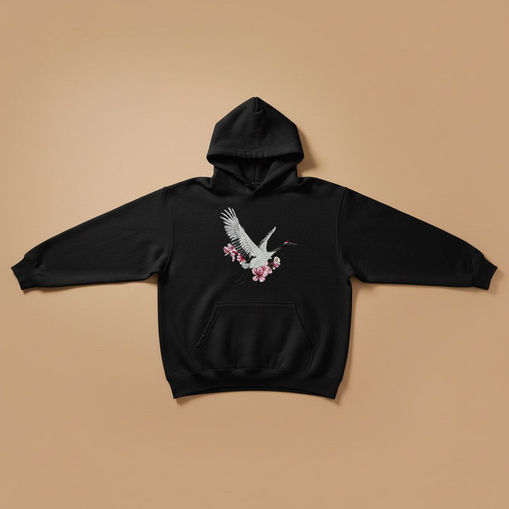 Sakura Crane Machine Embroidered Hoodie – Hand Finished in Dubai | EmbroMania