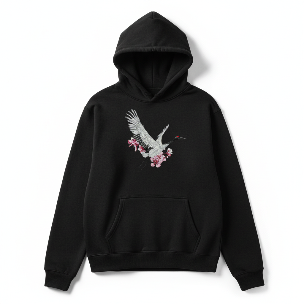 Sakura Crane Machine Embroidered Hoodie – Hand Finished in Dubai | EmbroMania