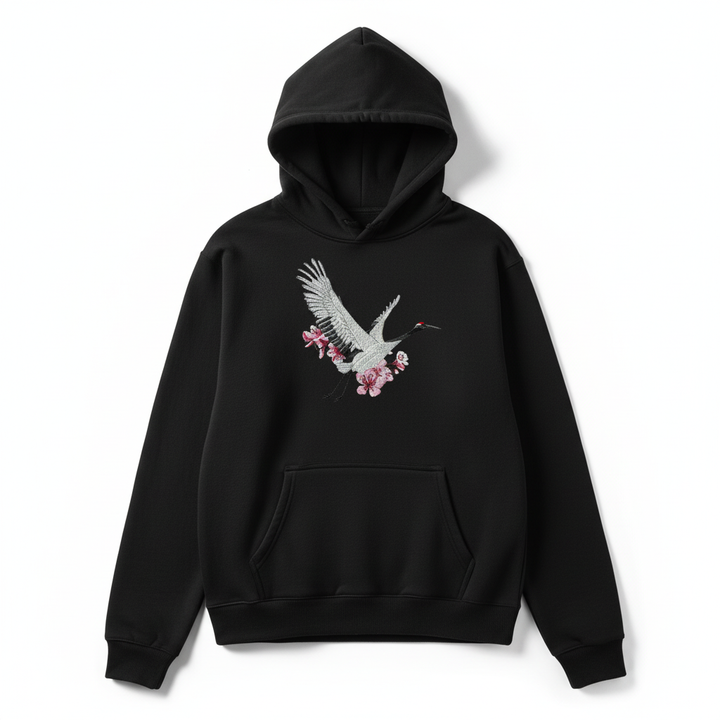 Sakura Crane Machine Embroidered Hoodie – Hand Finished in Dubai | EmbroMania