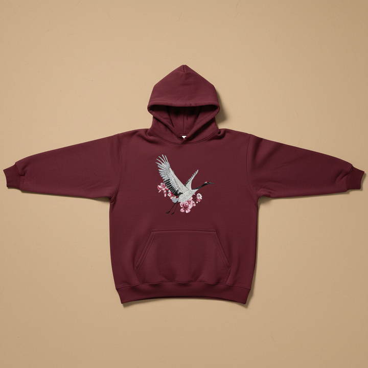 Sakura Crane Machine Embroidered Hoodie – Hand Finished in Dubai | EmbroMania