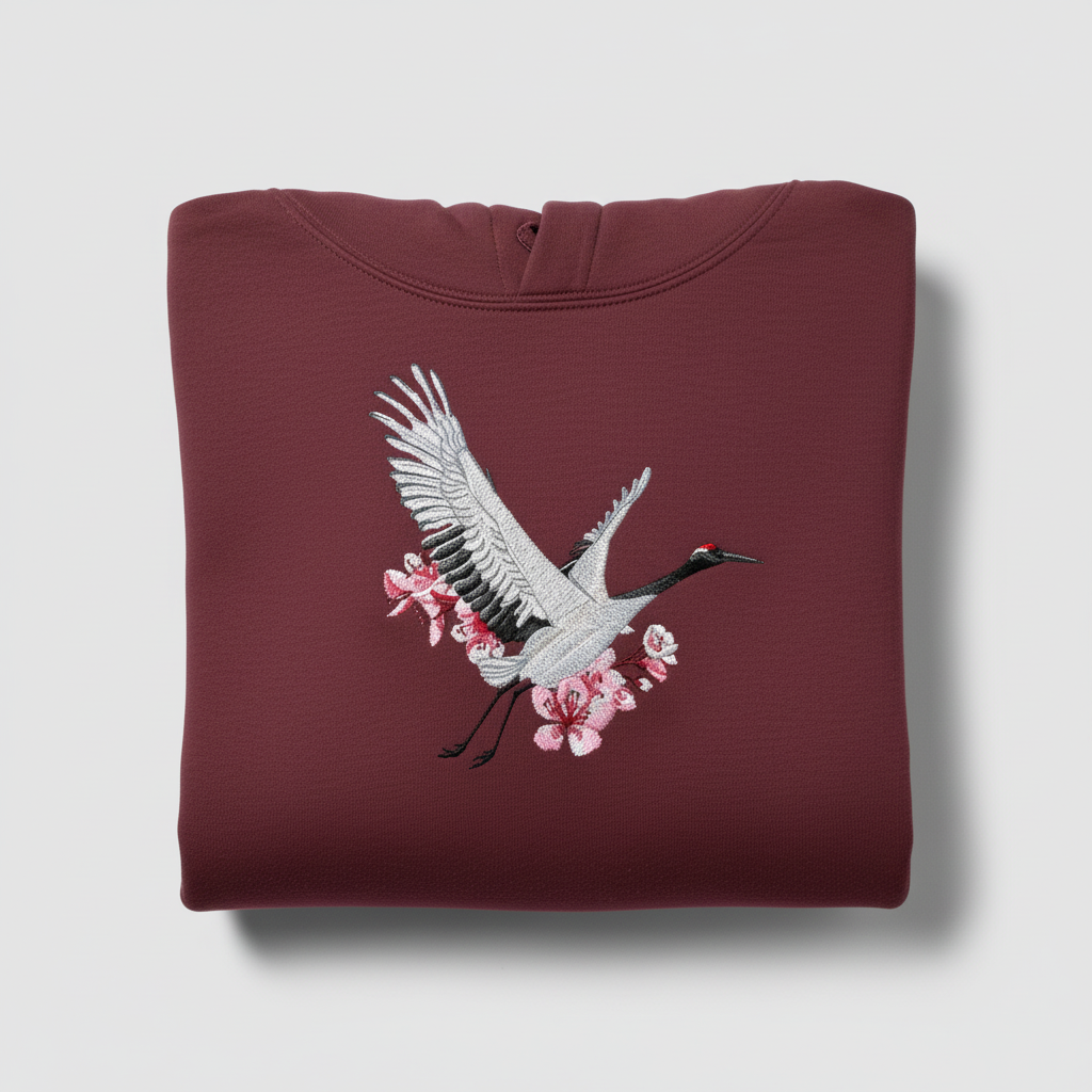 Sakura Crane Machine Embroidered Hoodie – Hand Finished in Dubai | EmbroMania