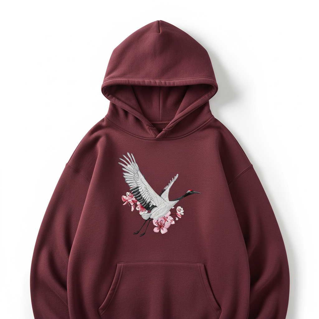 Sakura Crane Machine Embroidered Hoodie – Hand Finished in Dubai | EmbroMania
