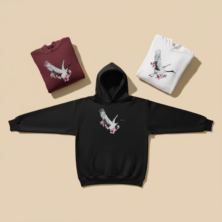 Sakura Crane Machine Embroidered Hoodie – Hand Finished in Dubai | EmbroMania