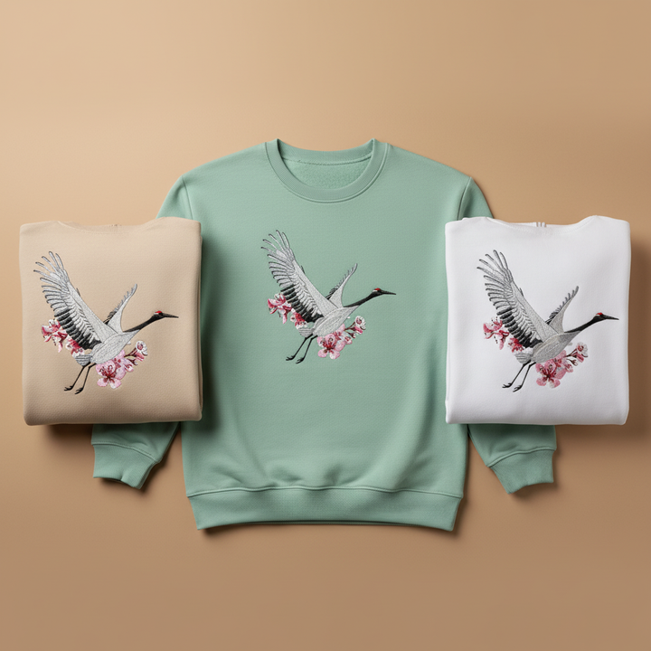 Sakura Crane Machine Embroidered Sweatshirt – Hand Finished in Dubai | EmbroMania