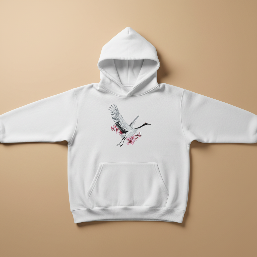 Sakura Crane Machine Embroidered Hoodie – Hand Finished in Dubai | EmbroMania