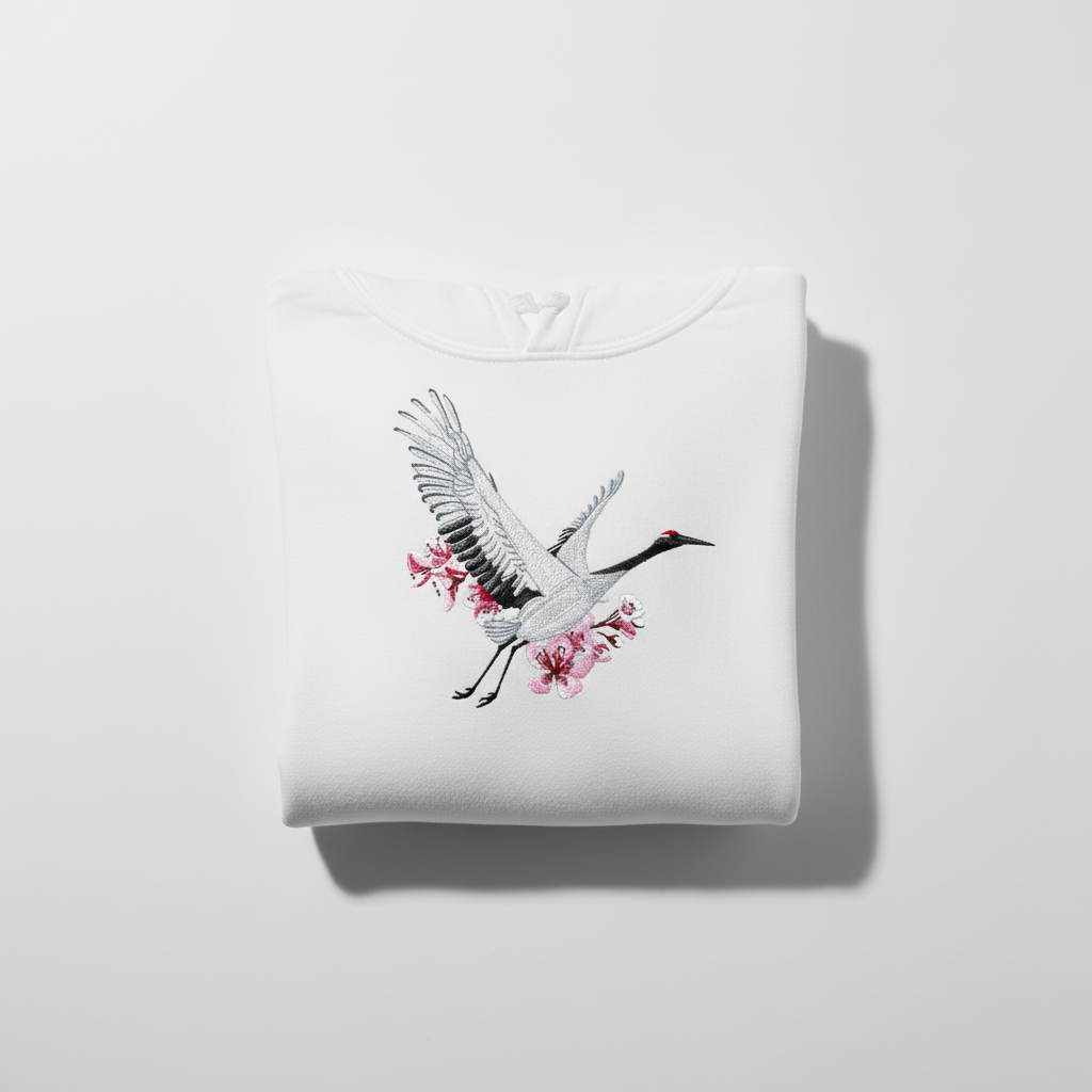 Sakura Crane Machine Embroidered Hoodie – Hand Finished in Dubai | EmbroMania
