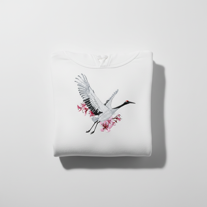 Sakura Crane Machine Embroidered Hoodie – Hand Finished in Dubai | EmbroMania