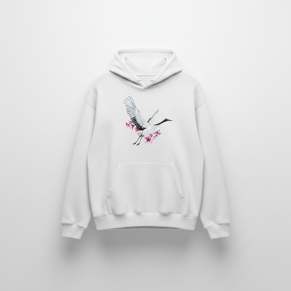 Sakura Crane Machine Embroidered Hoodie – Hand Finished in Dubai | EmbroMania