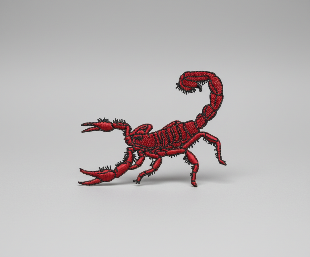 Scorpion embroidery patch featuring a red scorpion with raised tail and extended claws in detailed stitching with black accent details, on a light background, original EmbroMania artwork.