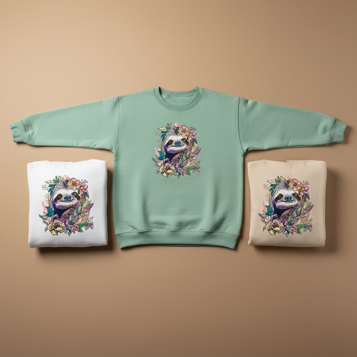 Woodland Sloth Machine Embroidered Sweatshirt – Hand Finished in Dubai | EmbroMania