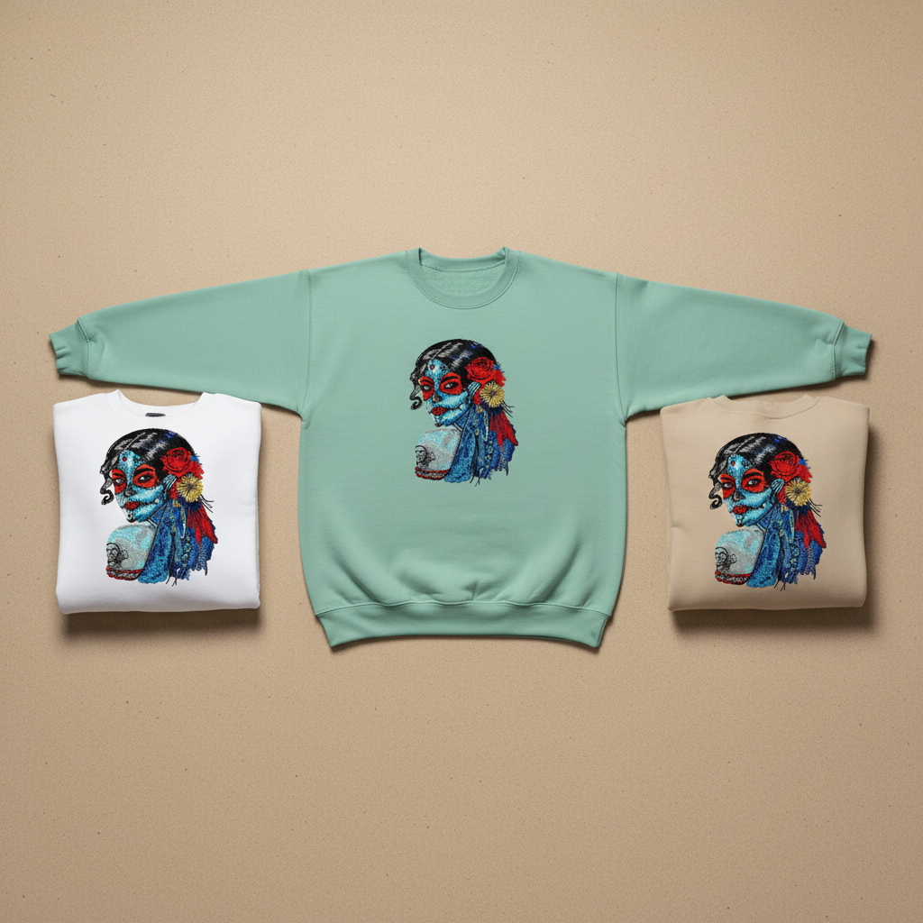 Sugar Skull Lady Machine Embroidered Sweatshirt – Hand Finished in Dubai | EmbroMania