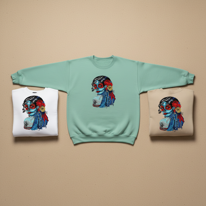 Sugar Skull Lady Machine Embroidered Sweatshirt – Hand Finished in Dubai | EmbroMania