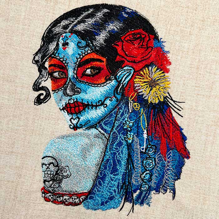 Sugar Skull Muse Machine Embroidered Jute Tote – Hand Finished in Dubai | EmbroMania