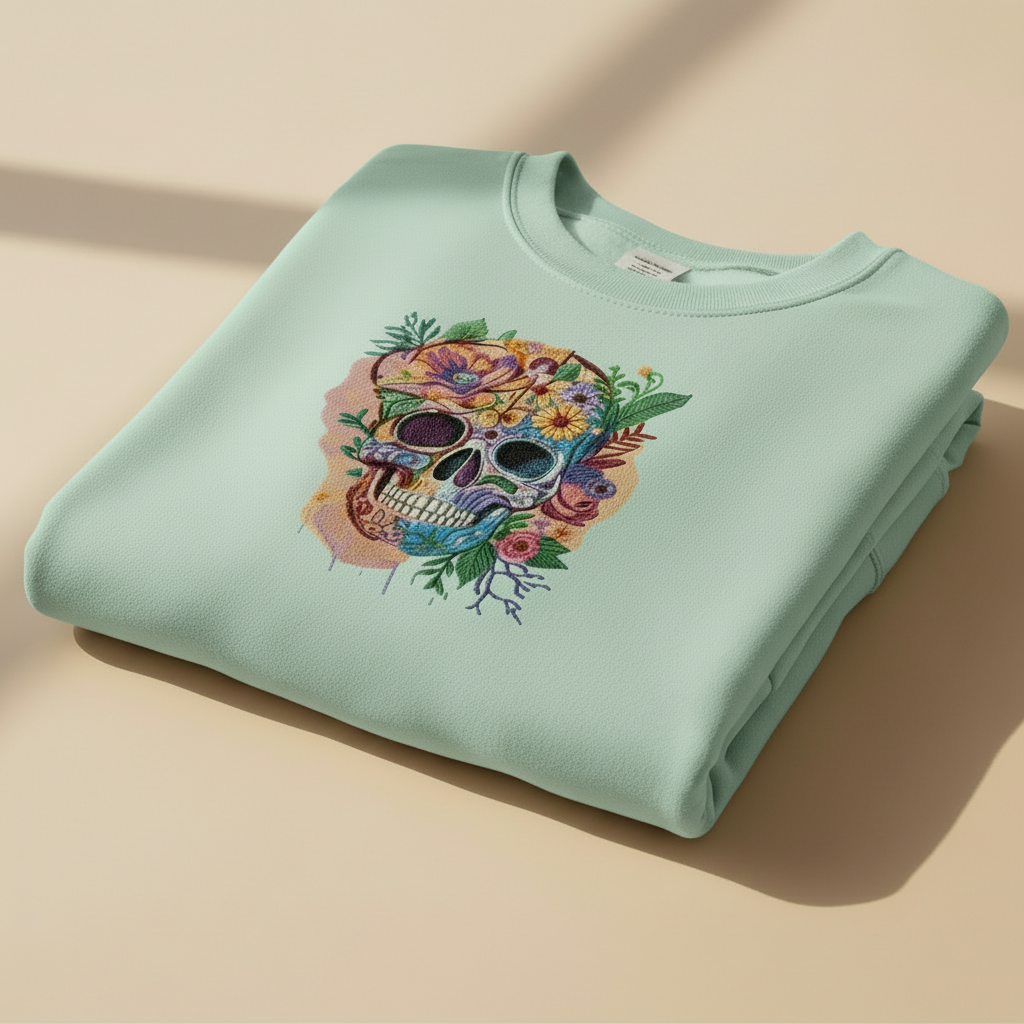 Floral Skull Machine Embroidered Sweatshirt – Hand Finished in Dubai | EmbroMania