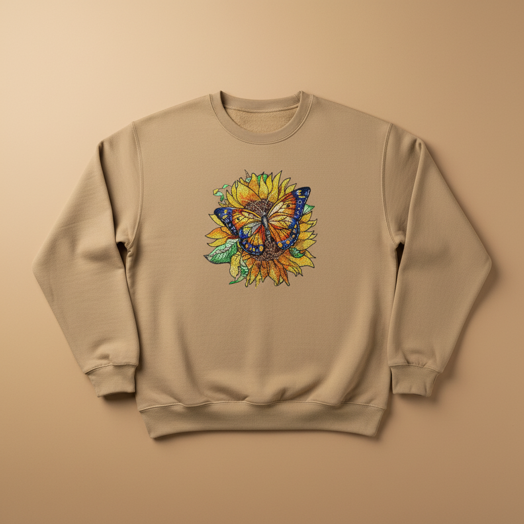 Sunflower Monarch Machine Embroidered Sweatshirt – Hand Finished in Dubai | EmbroMania