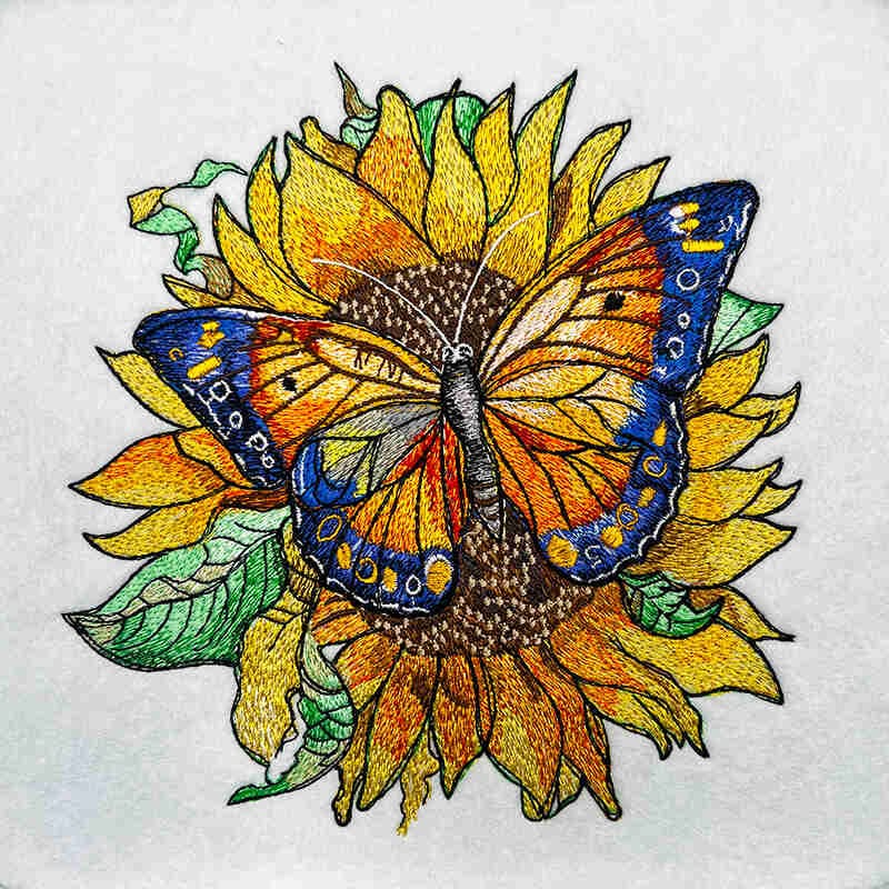 Sun-Kissed Butterfly Sunflower – Machine Embroidered Denim Hoodie Jacket | Hand Finished in Dubai