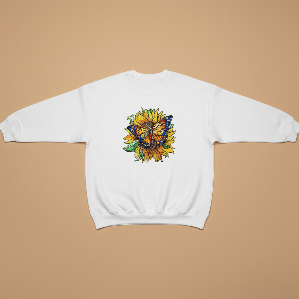 Sunflower Monarch Machine Embroidered Sweatshirt – Hand Finished in Dubai | EmbroMania