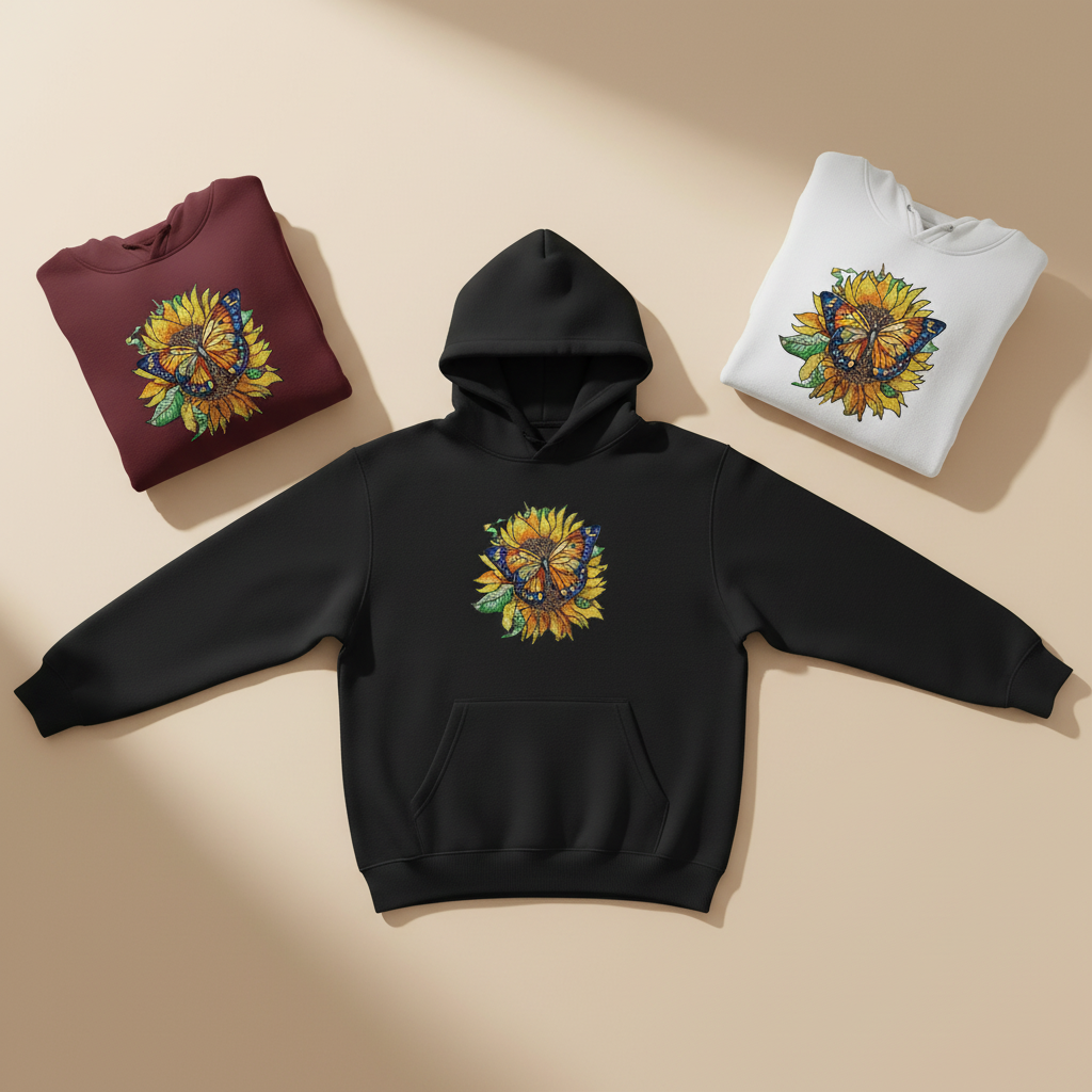 Sun-Kissed Butterfly Machine Embroidered Hoodie – Hand Finished in Dubai | EmbroMania