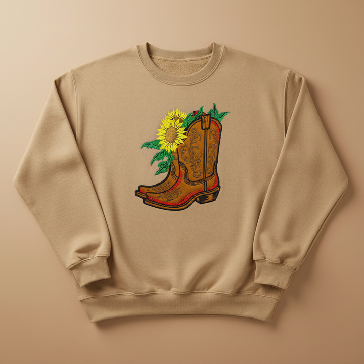 Sunflower Cowboy Boots Machine Embroidered Sweatshirt – Hand Finished in Dubai | EmbroMania