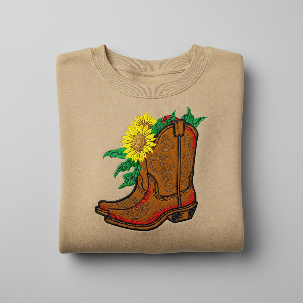 Sunflower Cowboy Boots Machine Embroidered Sweatshirt – Hand Finished in Dubai | EmbroMania