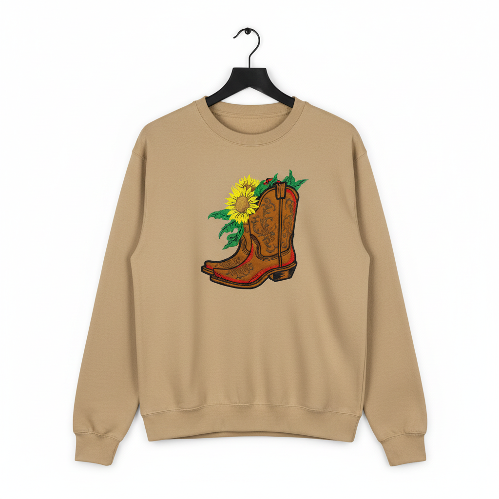 Sunflower Cowboy Boots Machine Embroidered Sweatshirt – Hand Finished in Dubai | EmbroMania