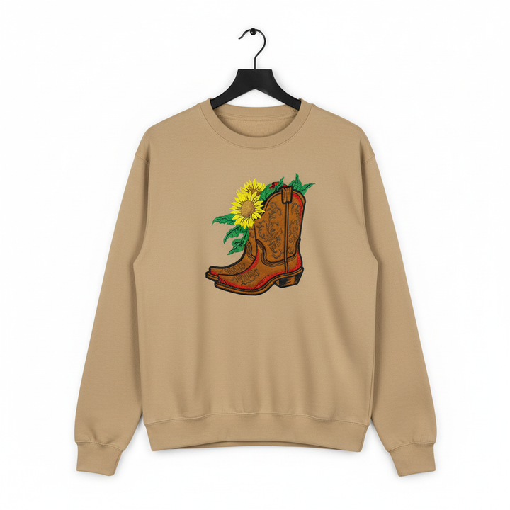 Sunflower Cowboy Boots Machine Embroidered Sweatshirt – Hand Finished in Dubai | EmbroMania