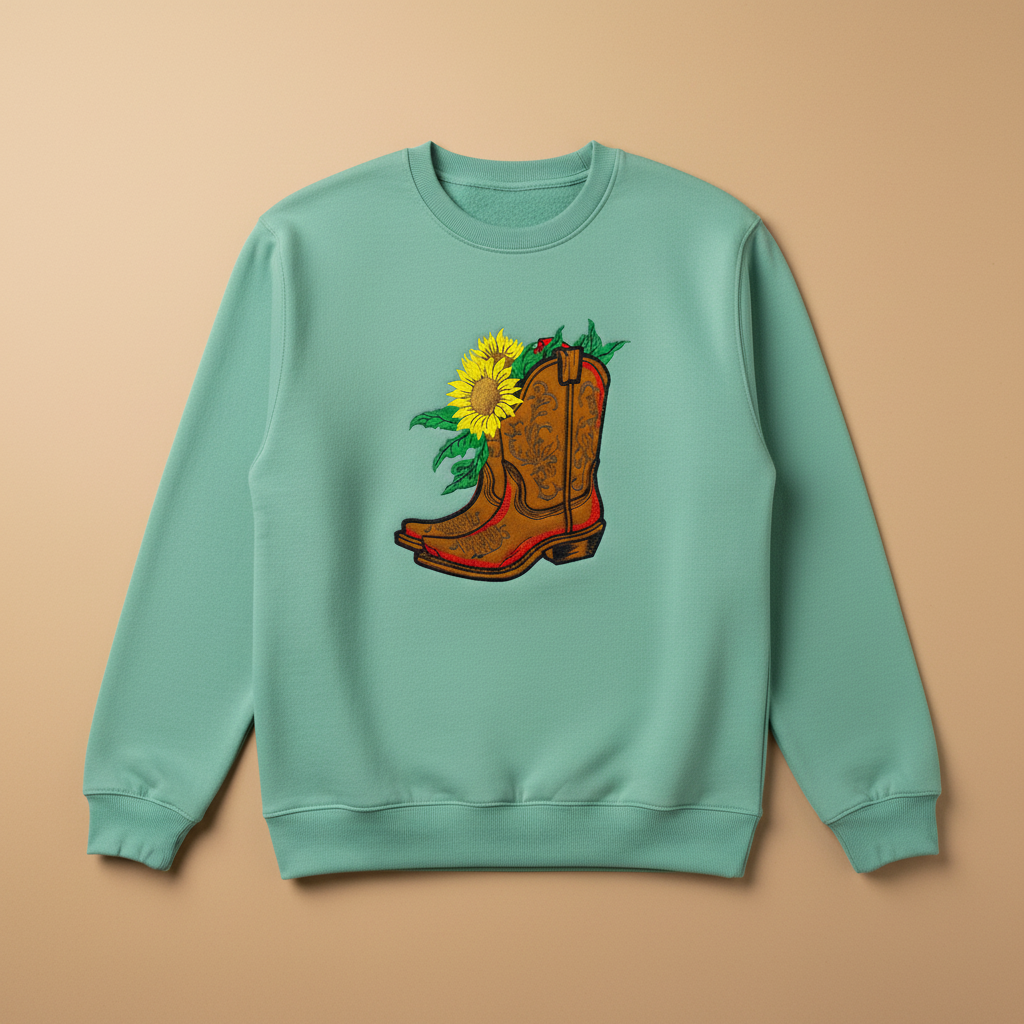 Sunflower Cowboy Boots Machine Embroidered Sweatshirt – Hand Finished in Dubai | EmbroMania