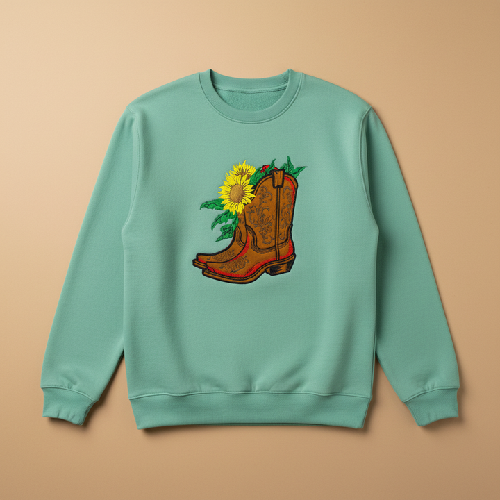 Sunflower Cowboy Boots Machine Embroidered Sweatshirt – Hand Finished in Dubai | EmbroMania