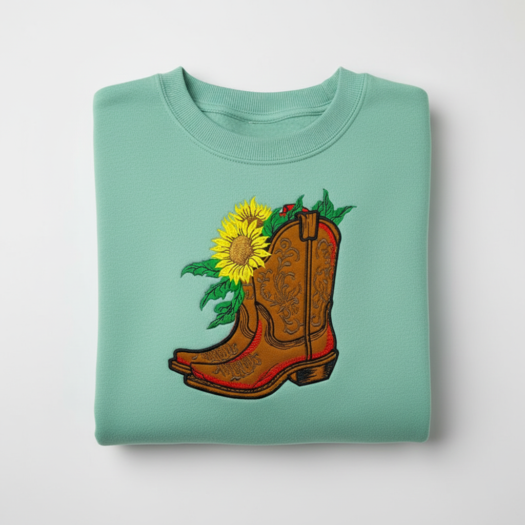 Sunflower Cowboy Boots Machine Embroidered Sweatshirt – Hand Finished in Dubai | EmbroMania