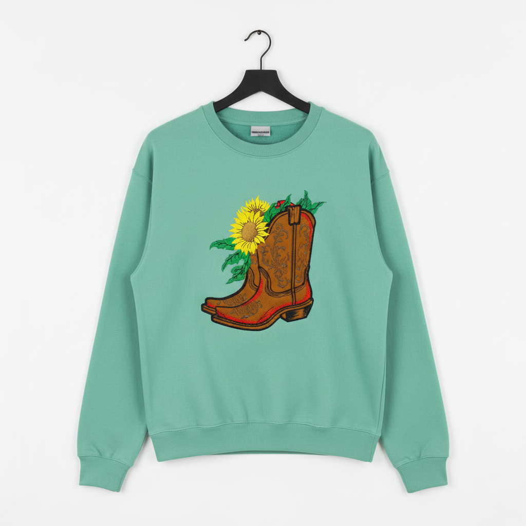 Sunflower Cowboy Boots Machine Embroidered Sweatshirt – Hand Finished in Dubai | EmbroMania