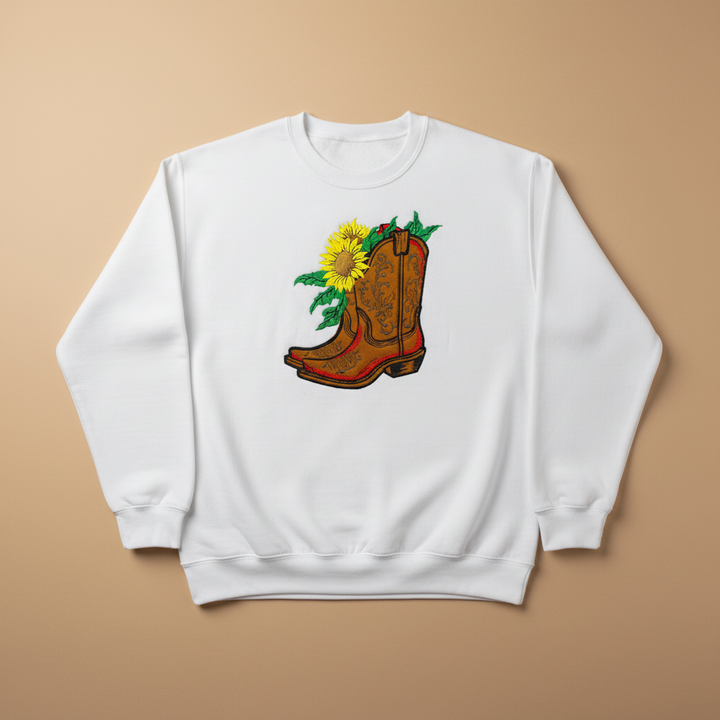 Sunflower Cowboy Boots Machine Embroidered Sweatshirt – Hand Finished in Dubai | EmbroMania
