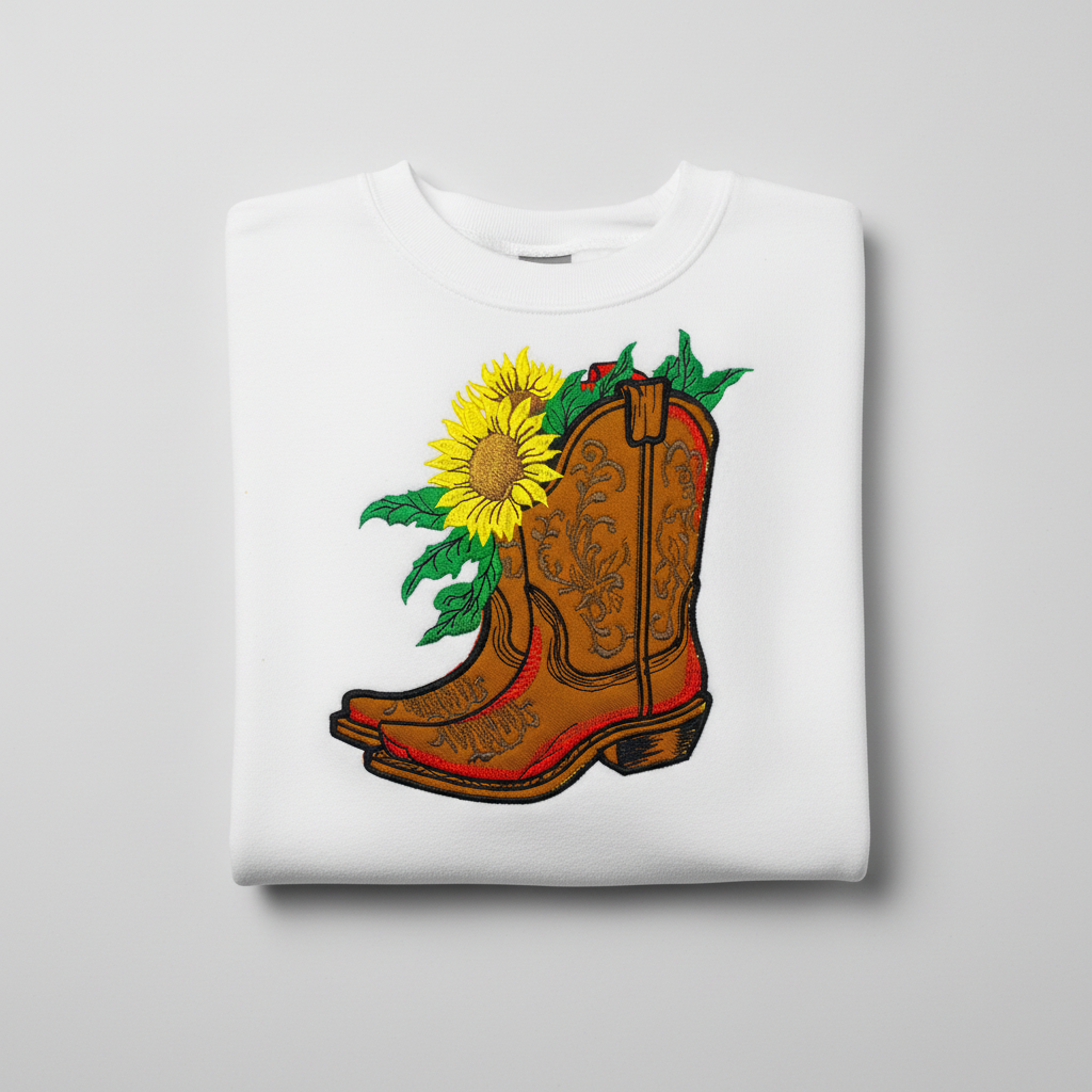 Sunflower Cowboy Boots Machine Embroidered Sweatshirt – Hand Finished in Dubai | EmbroMania