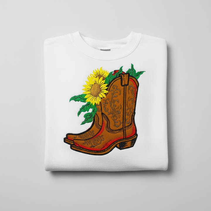 Sunflower Cowboy Boots Machine Embroidered Sweatshirt – Hand Finished in Dubai | EmbroMania