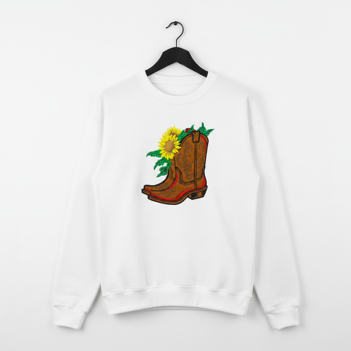 Sunflower Cowboy Boots Machine Embroidered Sweatshirt – Hand Finished in Dubai | EmbroMania