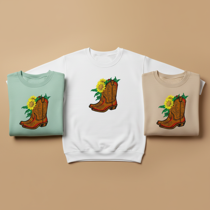 Sunflower Cowboy Boots Machine Embroidered Sweatshirt – Hand Finished in Dubai | EmbroMania