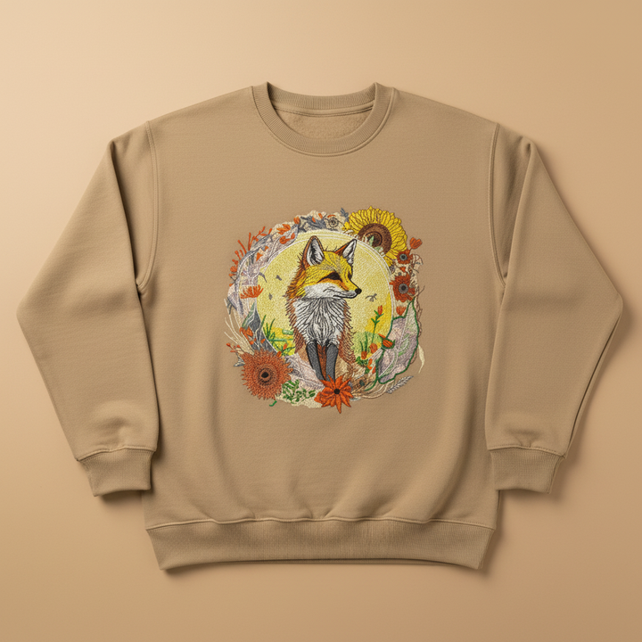 Golden Sun Fox Machine Embroidered Sweatshirt – Hand Finished in Dubai | EmbroMania