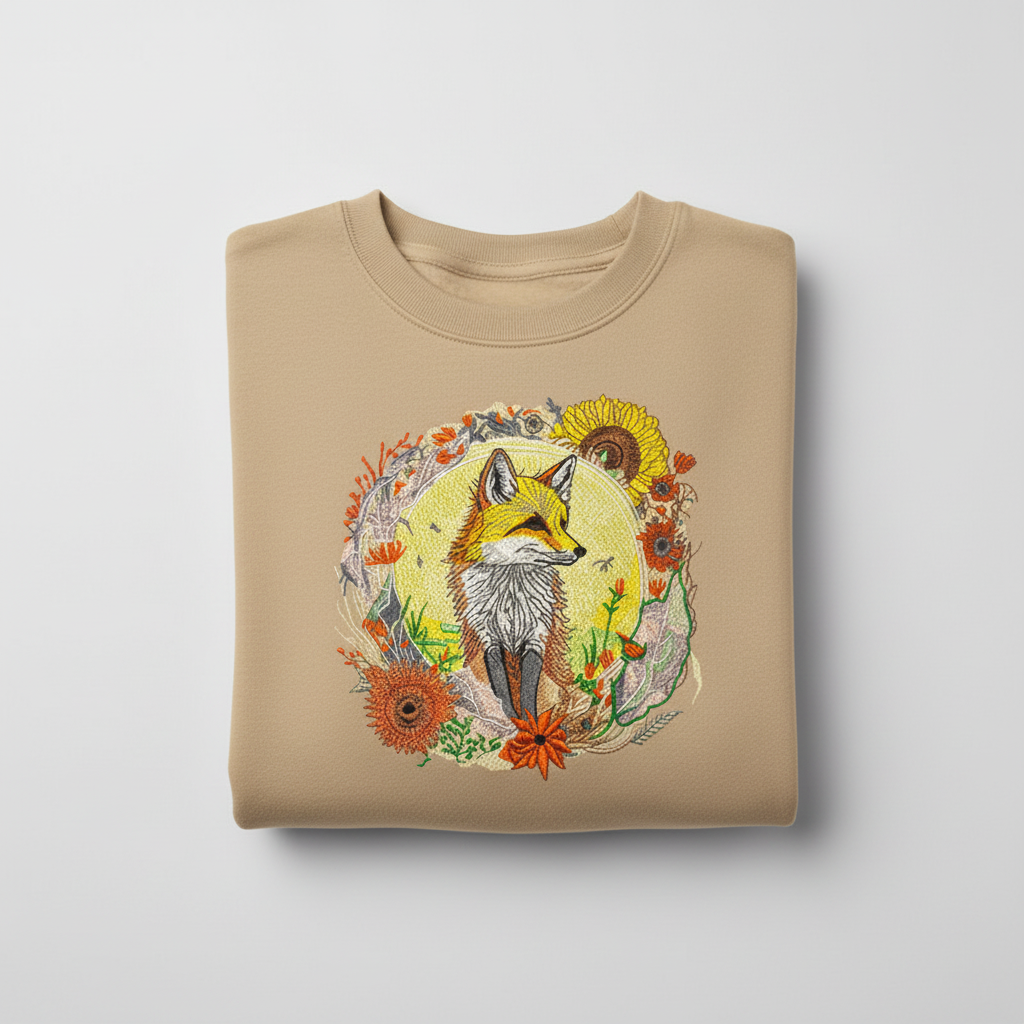 Golden Sun Fox Machine Embroidered Sweatshirt – Hand Finished in Dubai | EmbroMania