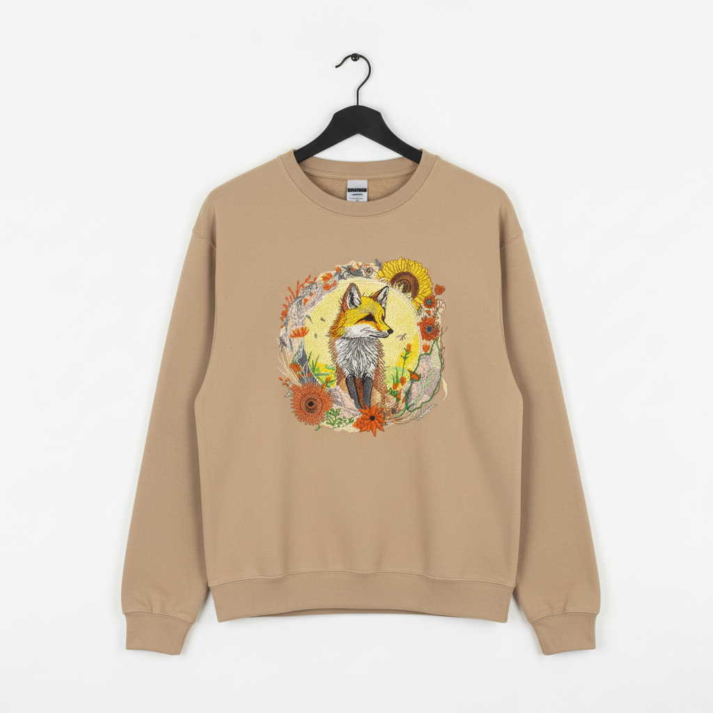 Golden Sun Fox Machine Embroidered Sweatshirt – Hand Finished in Dubai | EmbroMania