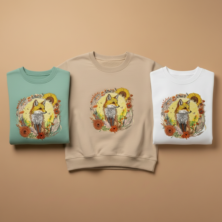 Golden Sun Fox Machine Embroidered Sweatshirt – Hand Finished in Dubai | EmbroMania