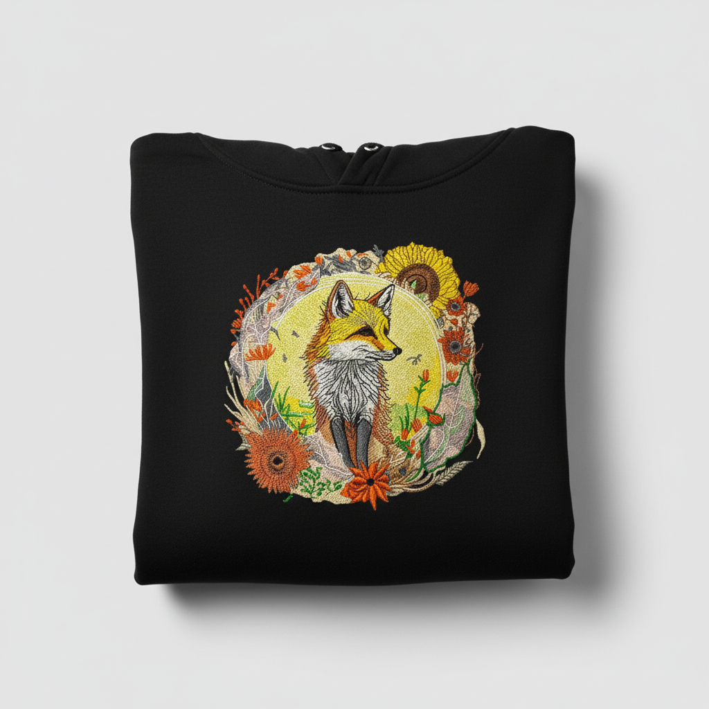 Golden Sun Fox Machine Embroidered Hoodie – Hand Finished in Dubai | EmbroMania