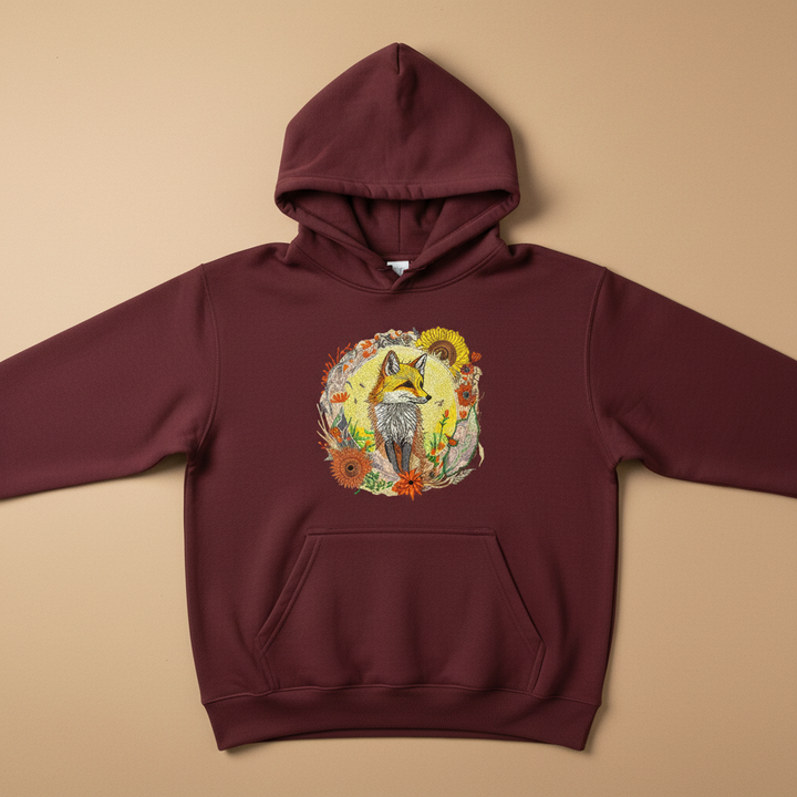Golden Sun Fox Machine Embroidered Hoodie – Hand Finished in Dubai | EmbroMania
